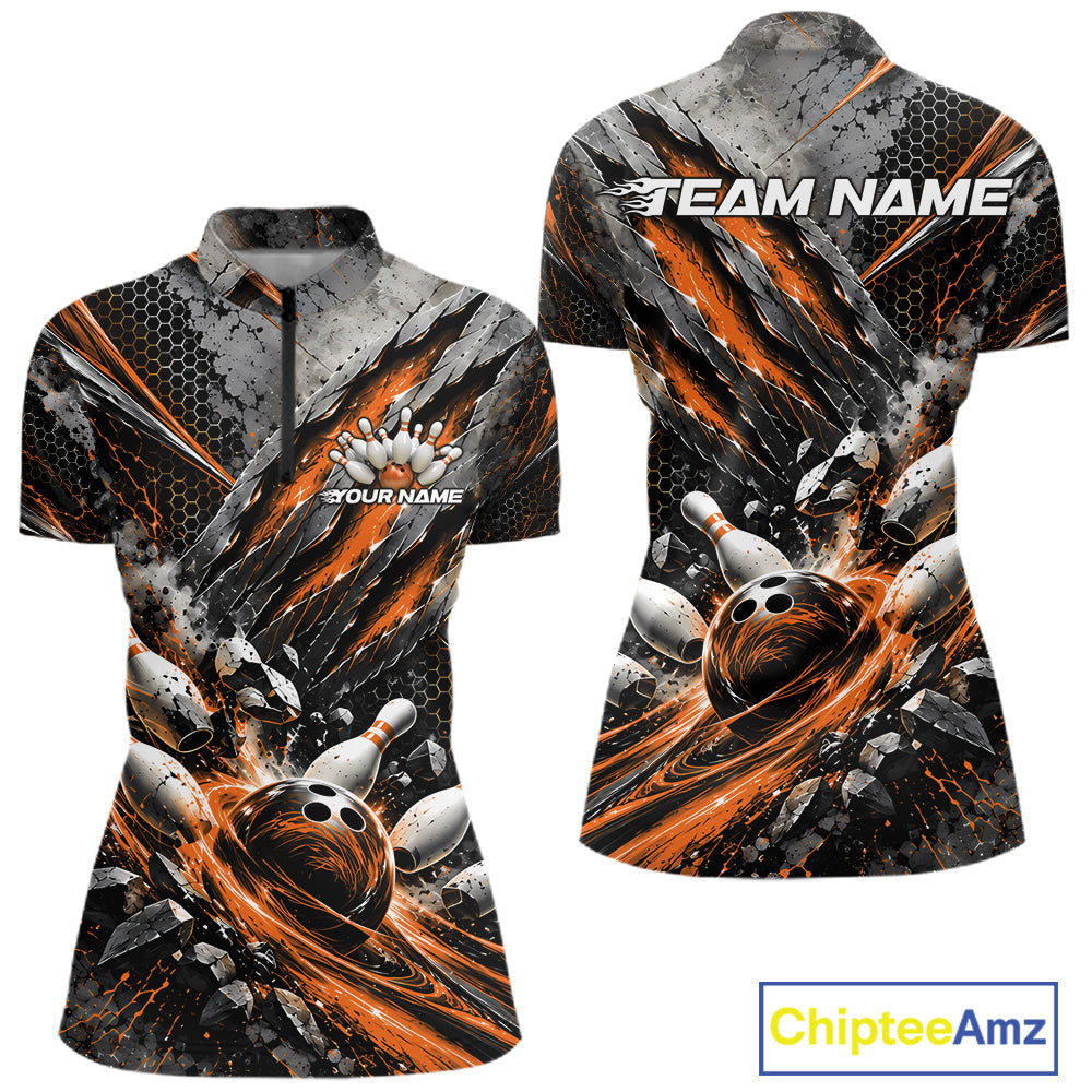 Orange Claw Marks Custom Bowling Jersey, Bowling Tournament Quarter-Zip Shirt