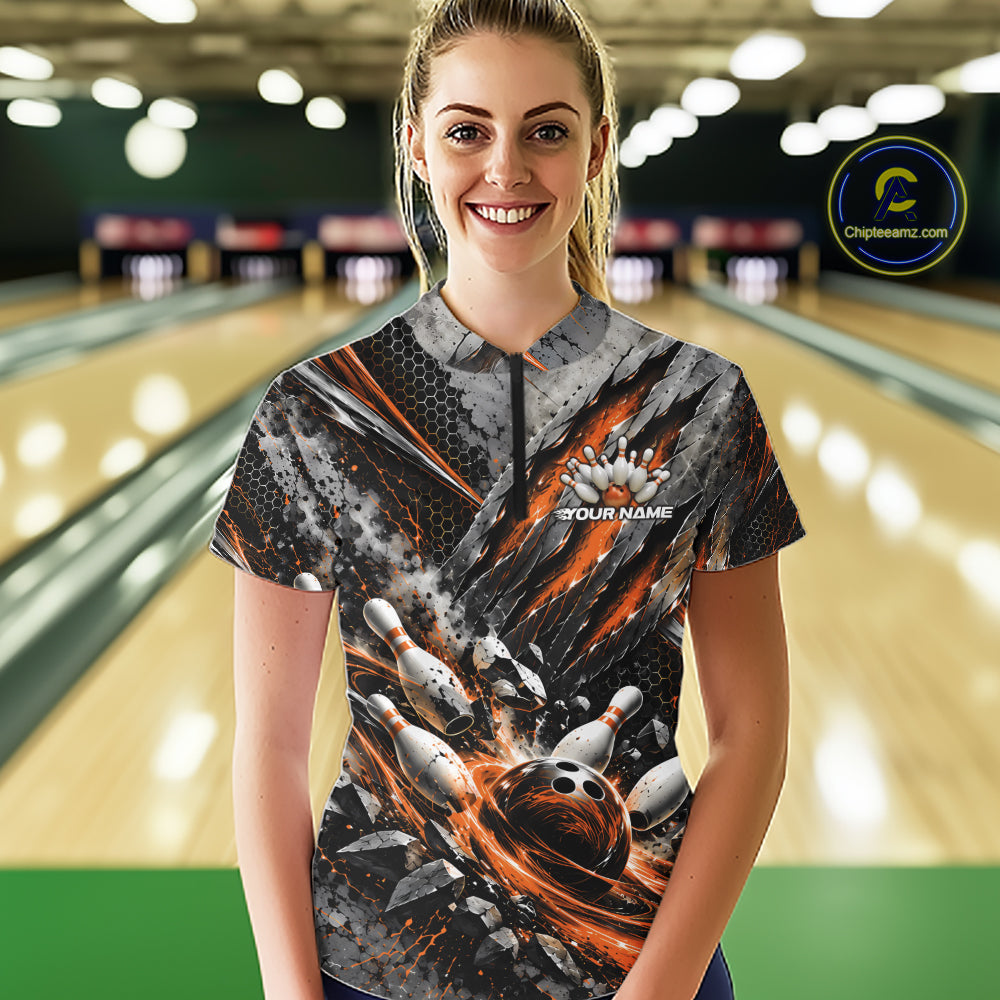 Orange Claw Marks Custom Bowling Jersey, Bowling Tournament Quarter-Zip Shirt