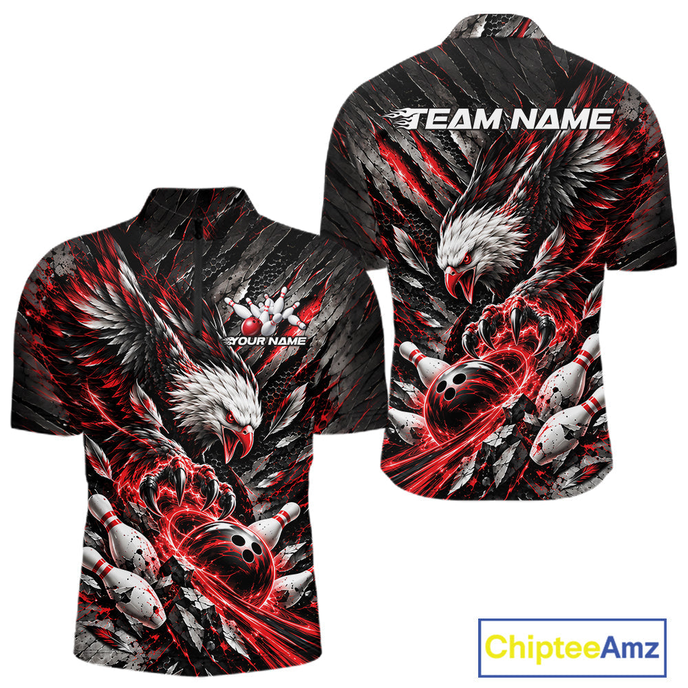 Custom Red Eagle Bowling Quarter Zip Shirt, Bowling Team Jersey Bowlers Outfit