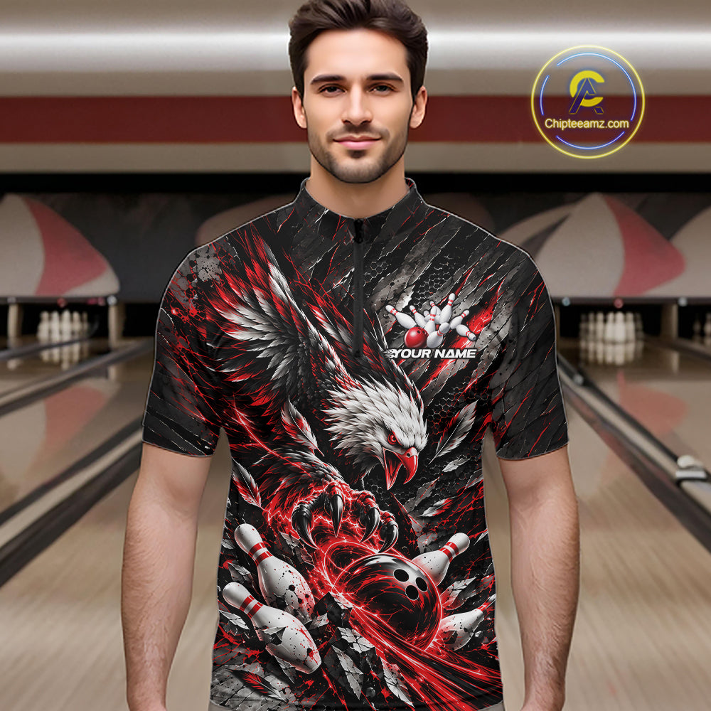Custom Red Eagle Bowling Quarter Zip Shirt, Bowling Team Jersey Bowlers Outfit
