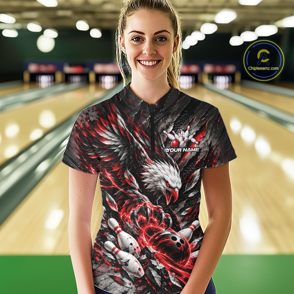 Custom Red Eagle Bowling Quarter-Zip Shirt, Bowling Team Jersey Bowlers Outfit