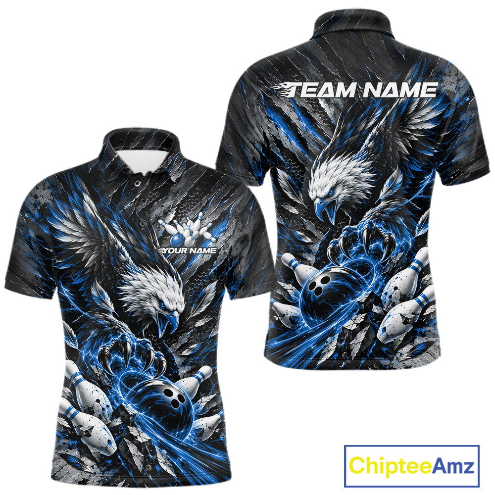 Custom Blue Eagle Bowling Polo Shirt, Bowling Team Jersey Bowlers Outfit
