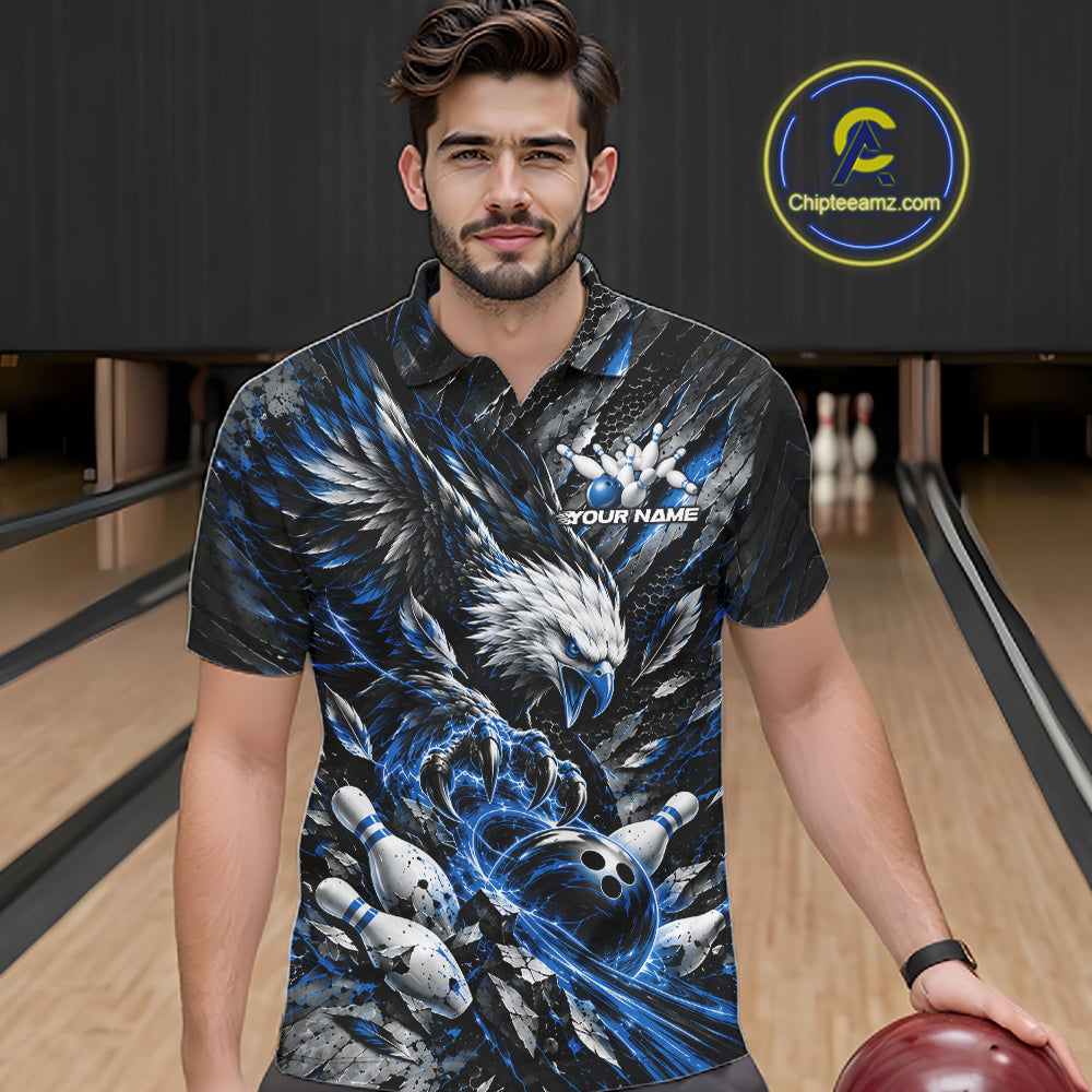 Custom Blue Eagle Bowling Polo Shirt, Bowling Team Jersey Bowlers Outfit