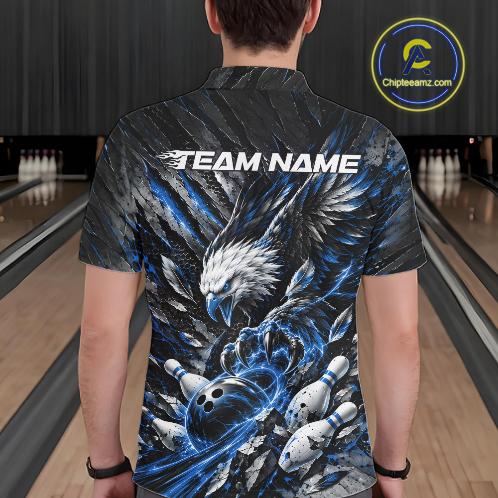 Custom Blue Eagle Bowling Polo Shirt, Bowling Team Jersey Bowlers Outfit