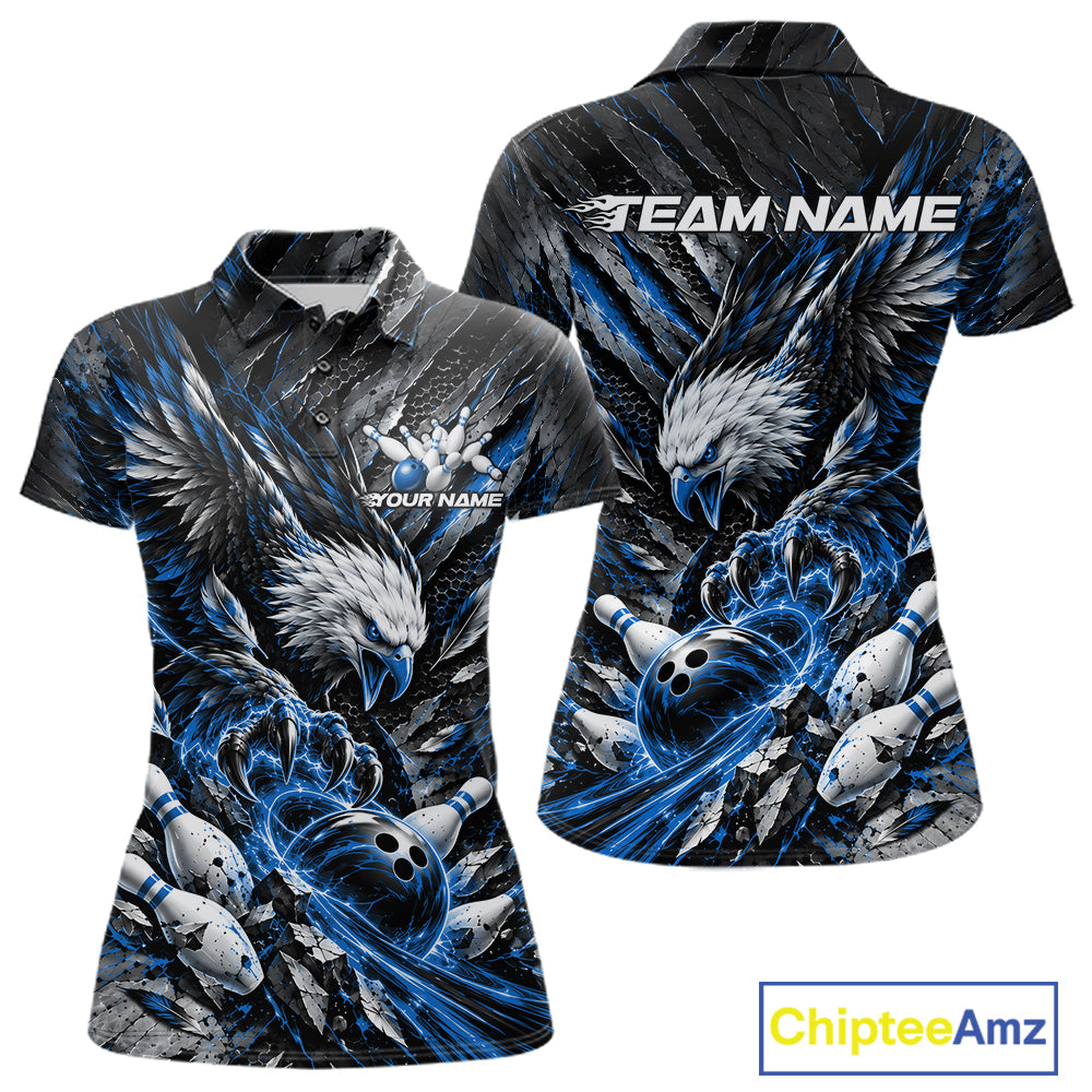 Custom Blue Eagle Bowling Polo Shirt, Bowling Team Jersey Bowlers Outfit