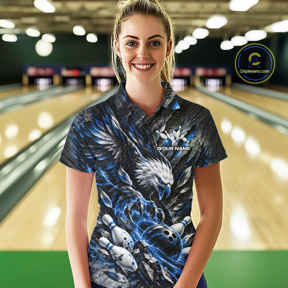 Custom Blue Eagle Bowling Polo Shirt, Bowling Team Jersey Bowlers Outfit