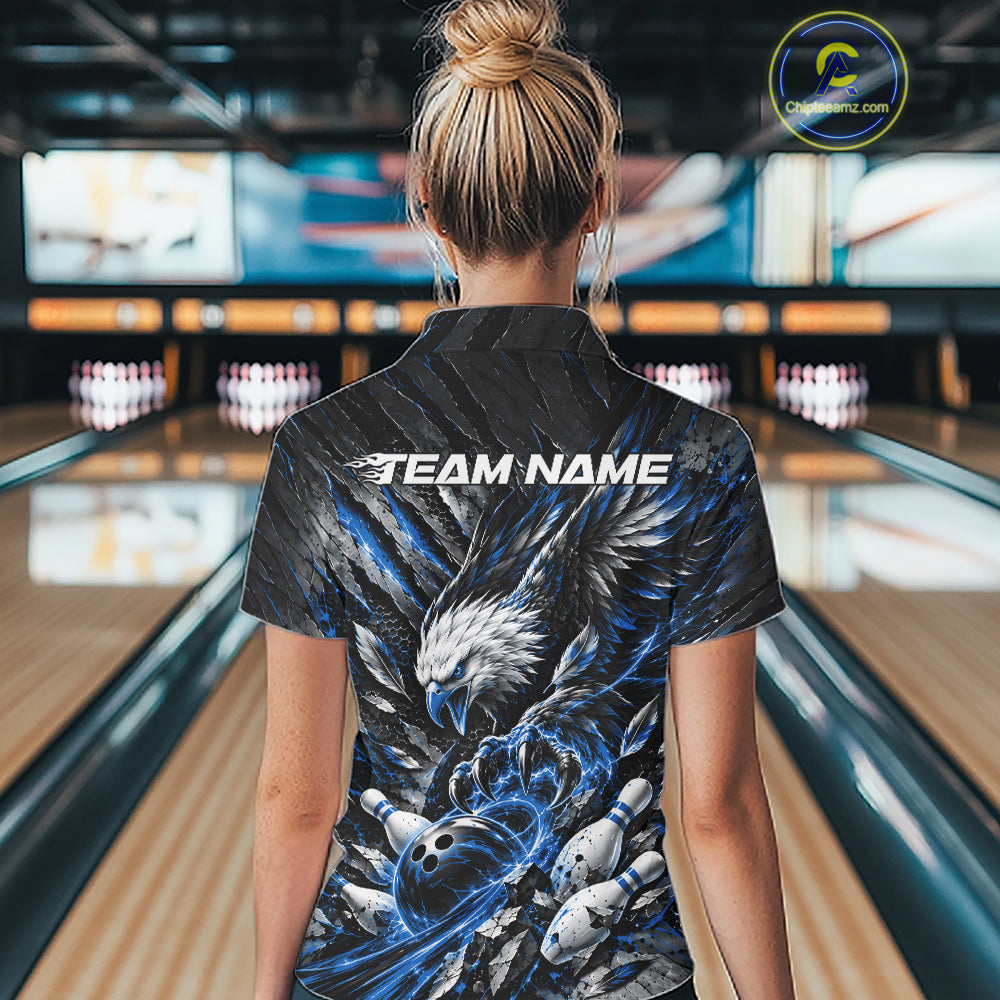 Custom Blue Eagle Bowling Polo Shirt, Bowling Team Jersey Bowlers Outfit