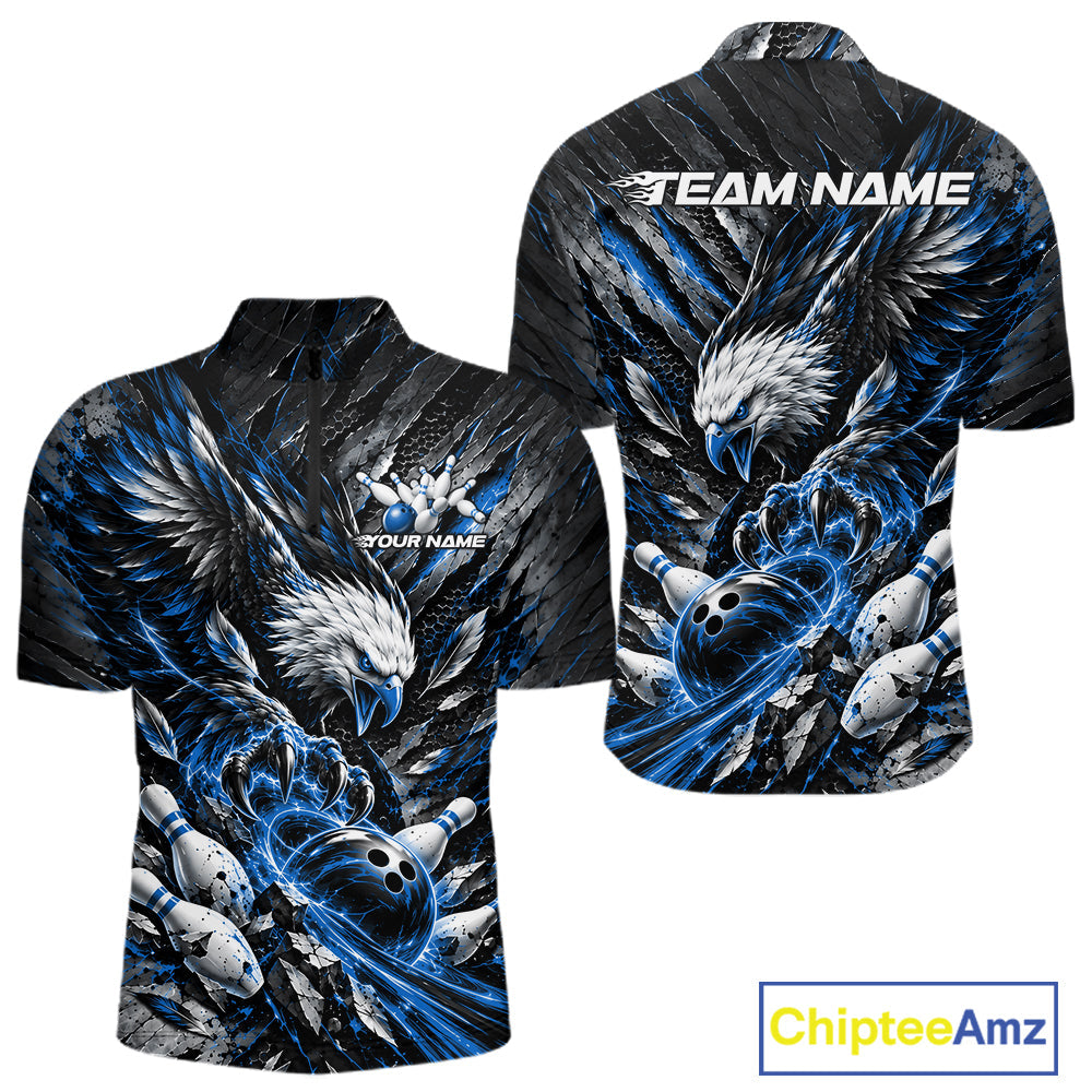 Custom Blue Eagle Bowling Quarter Zip Shirt, Bowling Team Jersey Bowlers Outfit