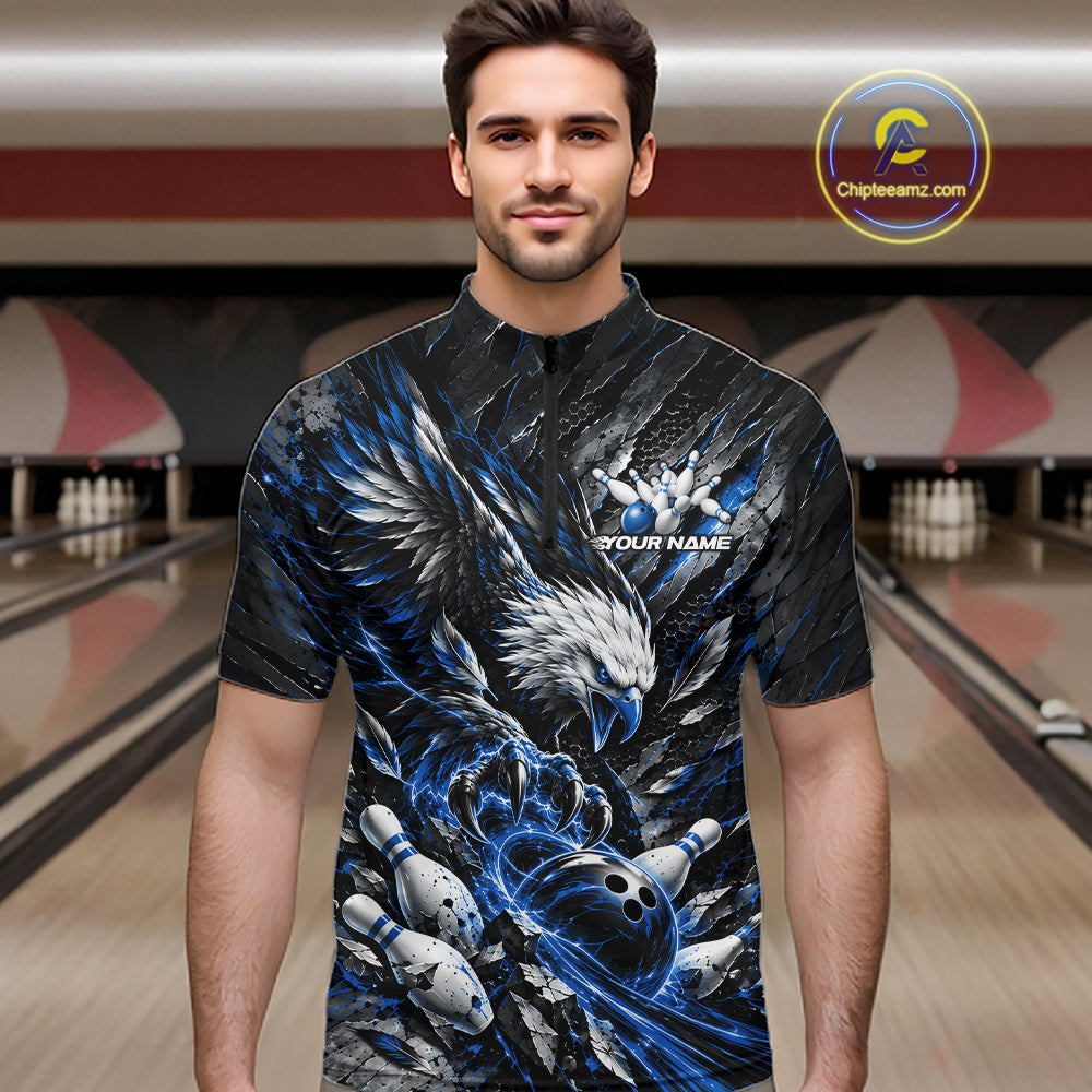Custom Blue Eagle Bowling Quarter Zip Shirt, Bowling Team Jersey Bowlers Outfit