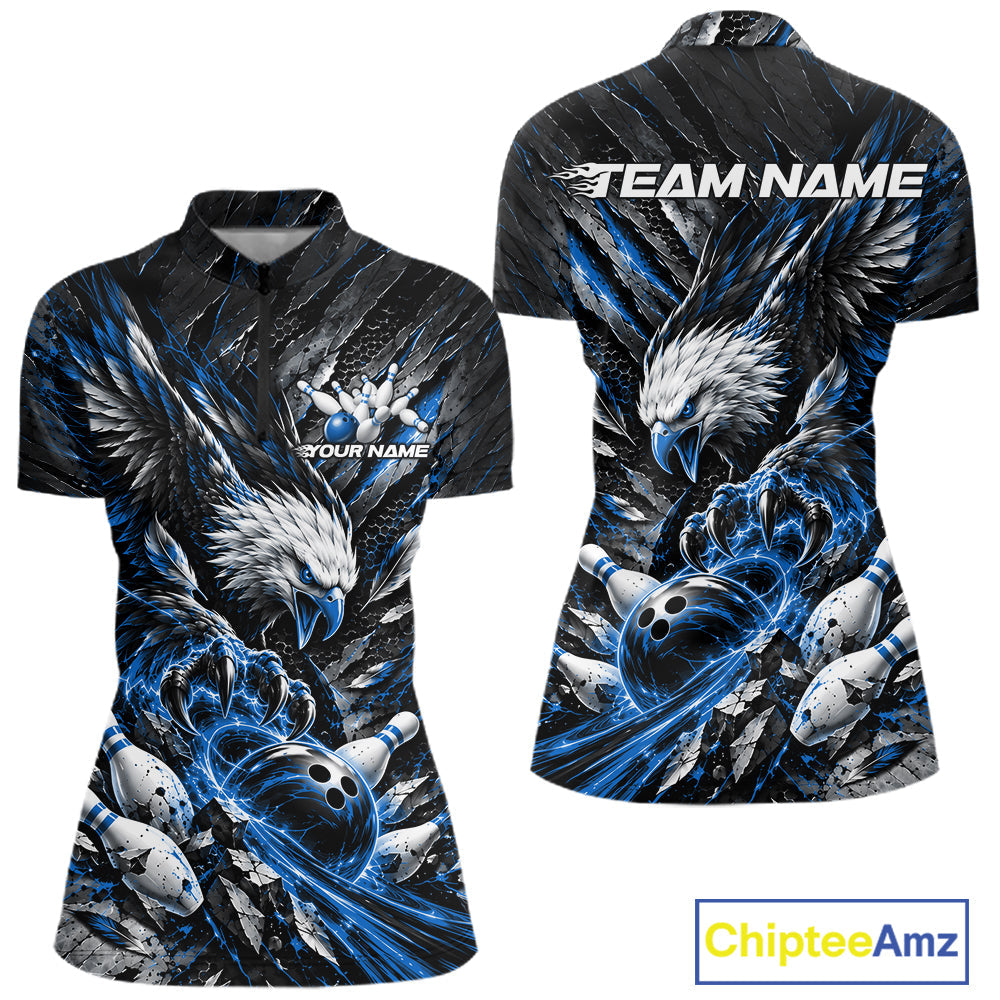 Custom Blue Eagle Bowling Quarter-Zip Shirt, Bowling Team Jersey Bowlers Outfit