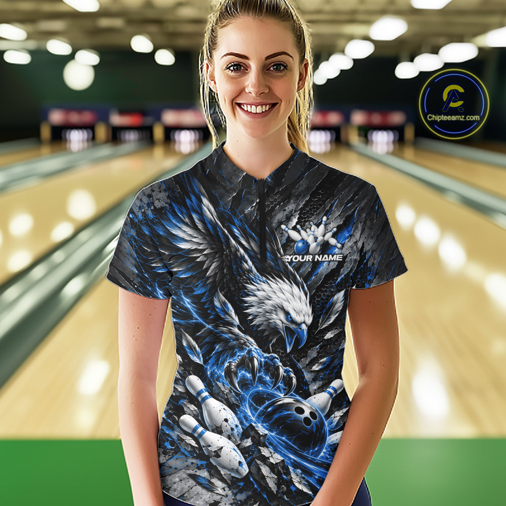 Custom Blue Eagle Bowling Quarter-Zip Shirt, Bowling Team Jersey Bowlers Outfit