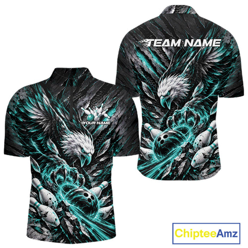 Custom Turquoise Eagle Bowling Quarter Zip Shirt, Bowling Team Jersey Bowlers Outfit