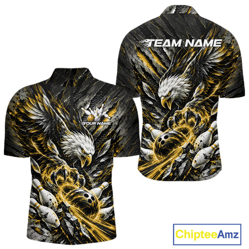 Custom Yellow Eagle Bowling Quarter Zip Shirt, Bowling Team Jersey Bowlers Outfit