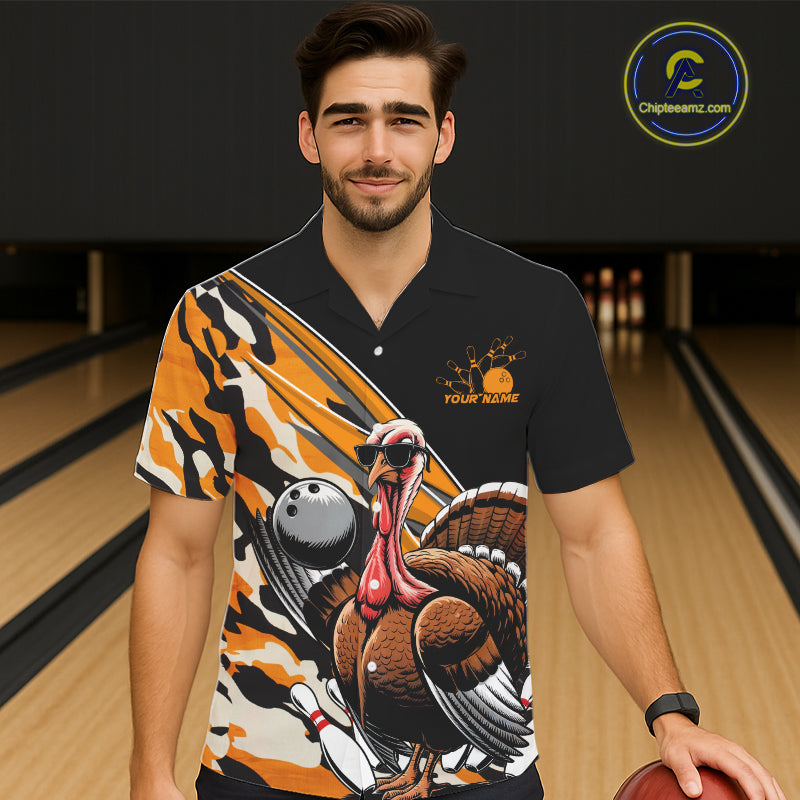 Yellow Camo Custom Funny Turkey Bowling And Hawaiian Shirt, Thanksgiving Bowling Tournament