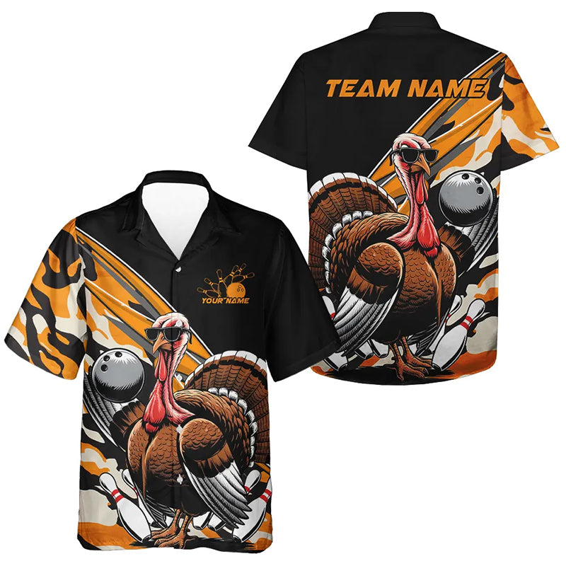 Yellow Camo Custom Funny Turkey Bowling Hawaiian Shirt, Thanksgiving Bowling Tournament