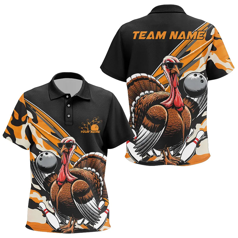 Yellow Camo Custom Funny Turkey Bowling Polo Shirt, Thanksgiving Bowling Tournament