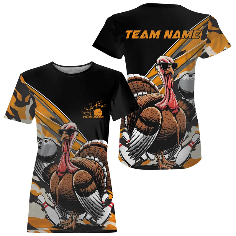 Yellow Camo Custom Funny Turkey Bowling T-Shirts, Thanksgiving Bowling Tournament