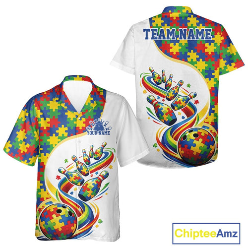 Custom Colorful Puzzles Autism Awareness Bowling And Hawaiian Shirt, Autism Acceptance Shirt