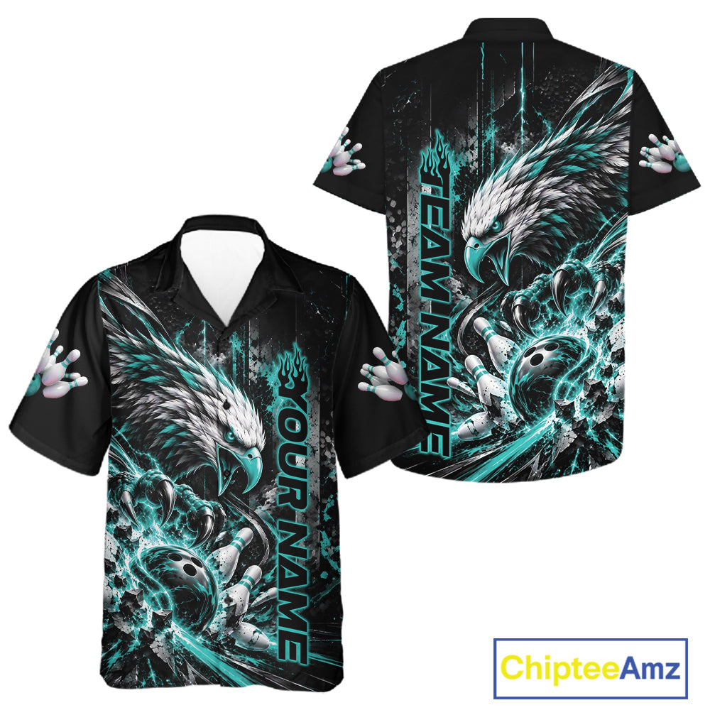 Custom Teal Blue Grunge Eagle Bowling And Button Up Shirt, Team League Shirt Bowlers Outfit