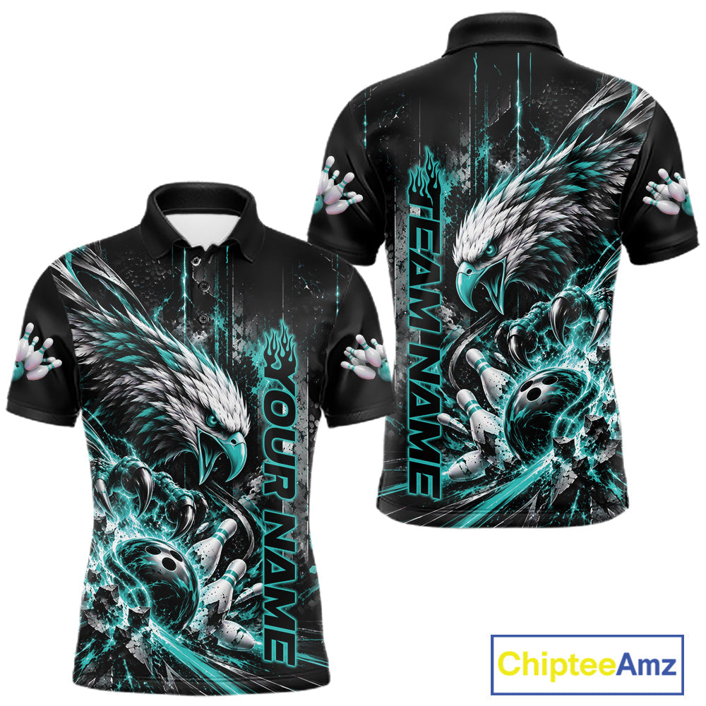 Custom Teal Blue Grunge Eagle Bowling Polo Shirt, Team League Shirt Bowlers Outfit