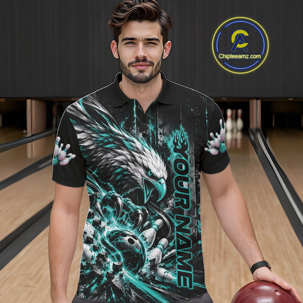 Custom Teal Blue Grunge Eagle Bowling Polo Shirt, Team League Shirt Bowlers Outfit