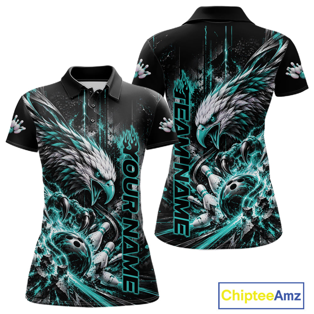 Custom Teal Blue Grunge Eagle Bowling Polo Shirt, Team League Shirt Bowlers Outfit