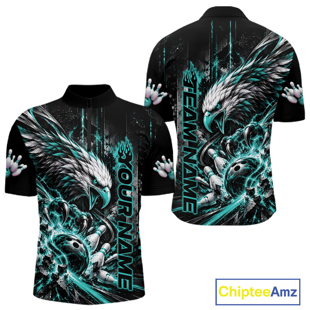 Custom Teal Blue Grunge Eagle Bowling Quarter Zip Shirt, Team League Shirt Bowlers Outfit