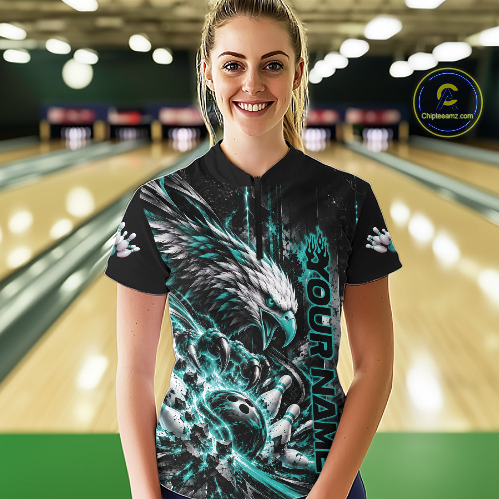 Custom Teal Blue Grunge Eagle Bowling Quarter-Zip Shirt, Team League Shirt Bowlers