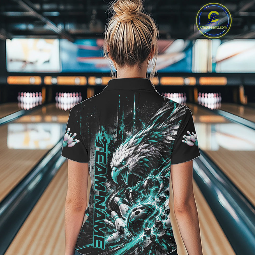 Custom Teal Blue Grunge Eagle Bowling Quarter-Zip Shirt, Team League Shirt Bowlers