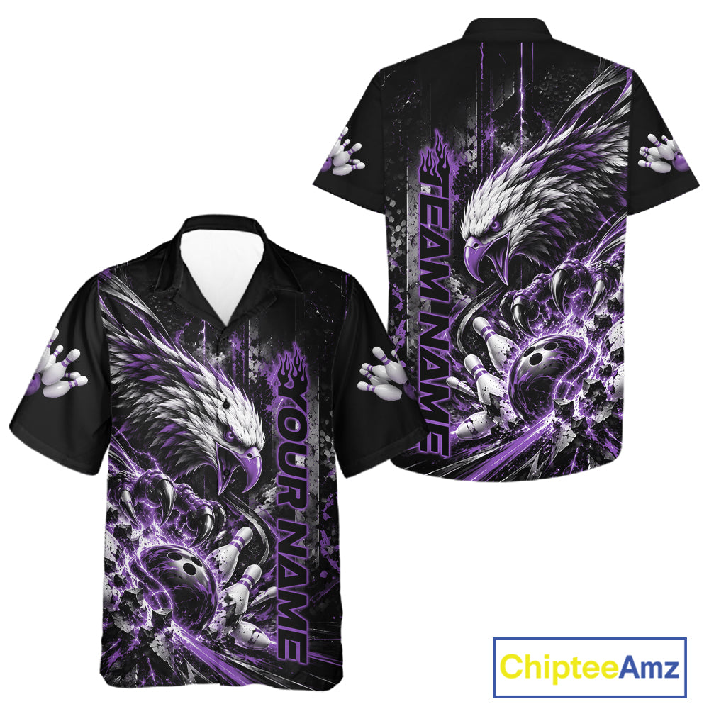 Custom Purple Grunge Eagle Bowling And Button Up Shirt, Team League Shirt Bowlers Outfit