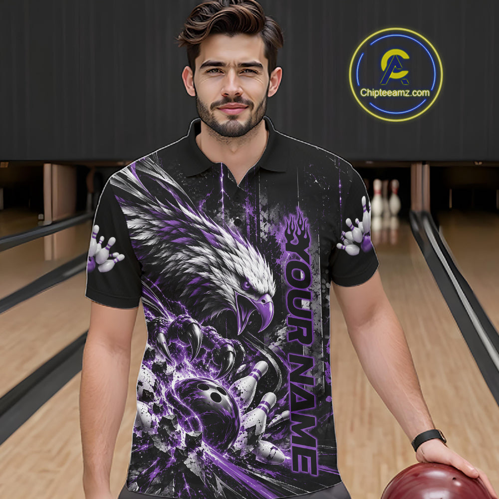 Custom Purple Grunge Eagle Bowling Polo Shirt, Team League Shirt Bowlers Outfit