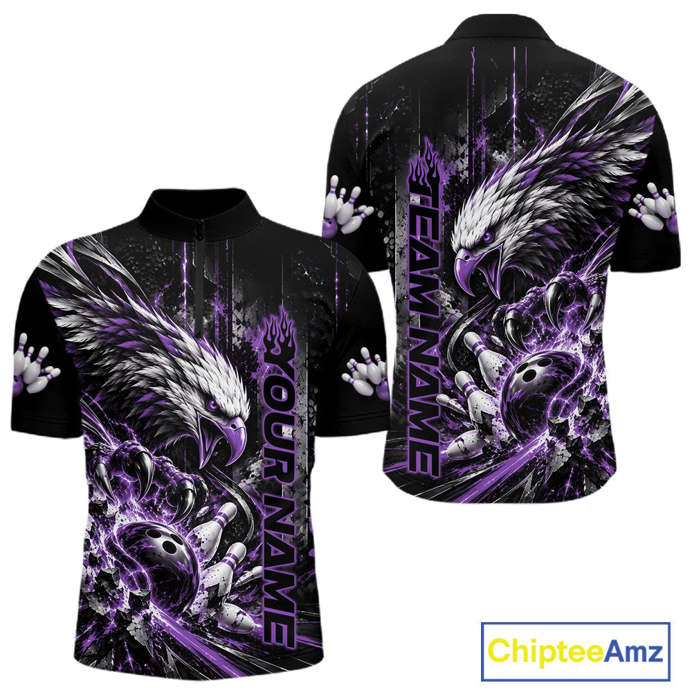 Custom Purple Grunge Eagle Bowling Quarter Zip Shirt, Team League Shirt Bowlers Outfit