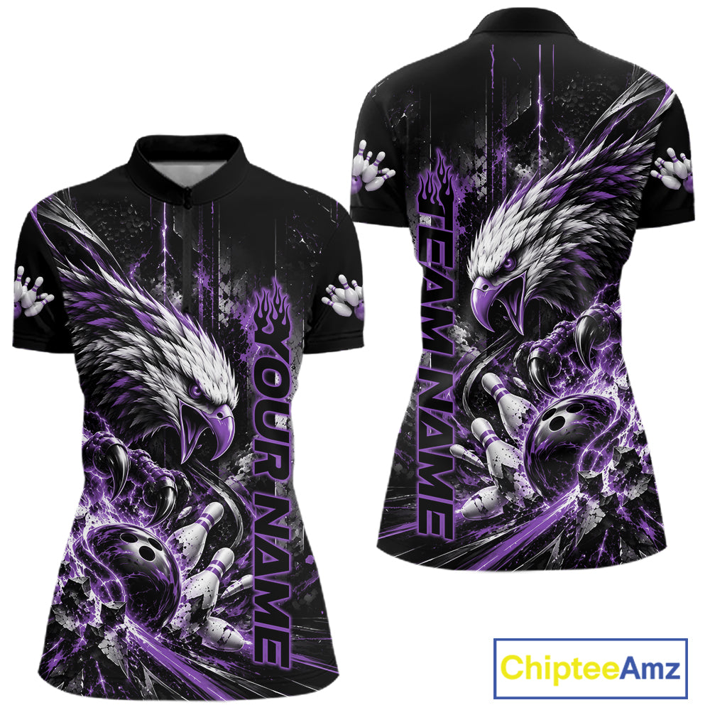Custom Purple Grunge Eagle Bowling Quarter-Zip Shirt, Team League Shirt Bowlers
