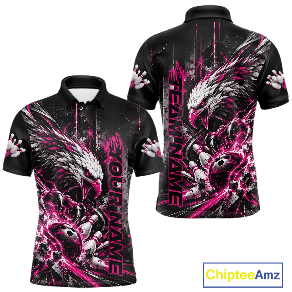 Custom Pink Grunge Eagle Bowling Polo Shirt, Team League Shirt Bowlers Outfit
