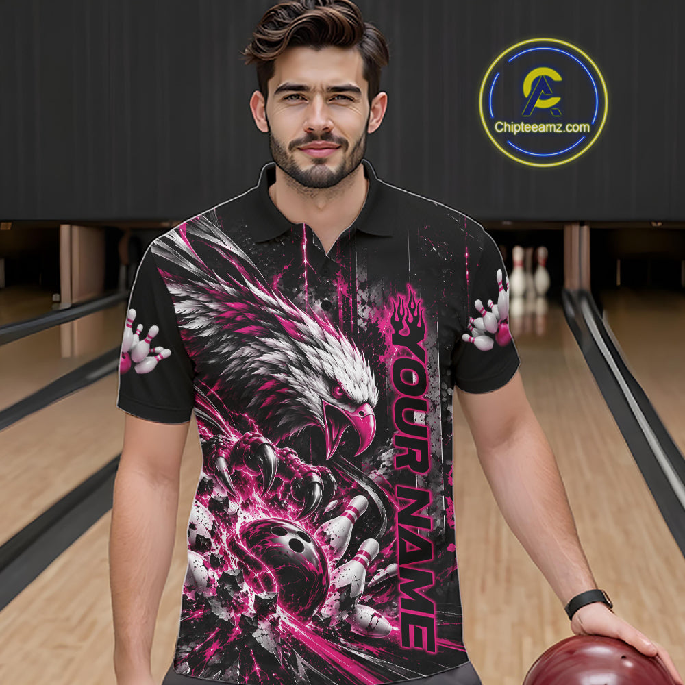Custom Pink Grunge Eagle Bowling Polo Shirt, Team League Shirt Bowlers Outfit