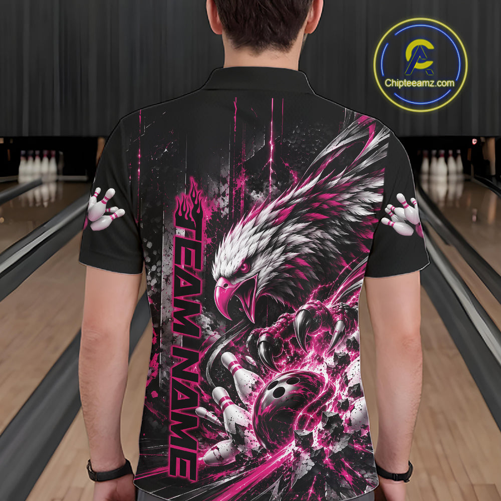 Custom Pink Grunge Eagle Bowling Polo Shirt, Team League Shirt Bowlers Outfit