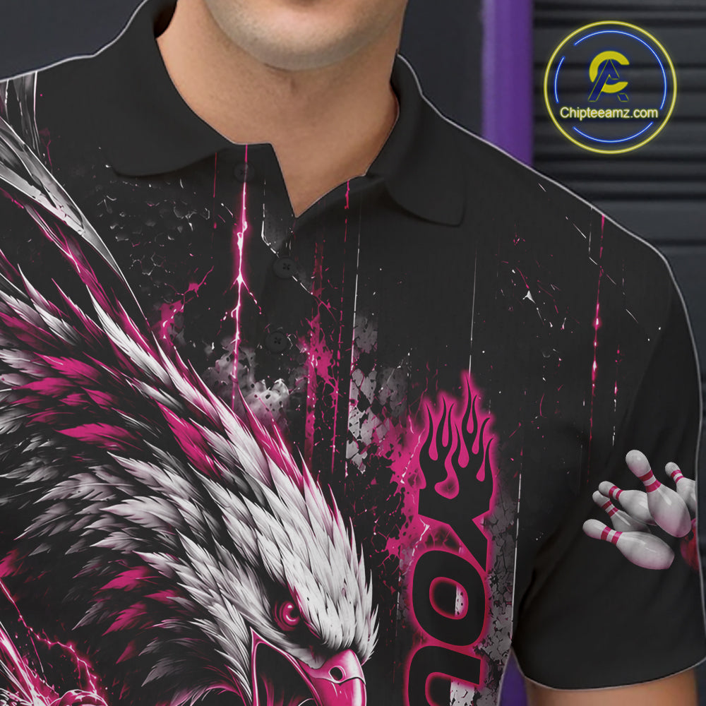 Custom Pink Grunge Eagle Bowling Polo Shirt, Team League Shirt Bowlers Outfit