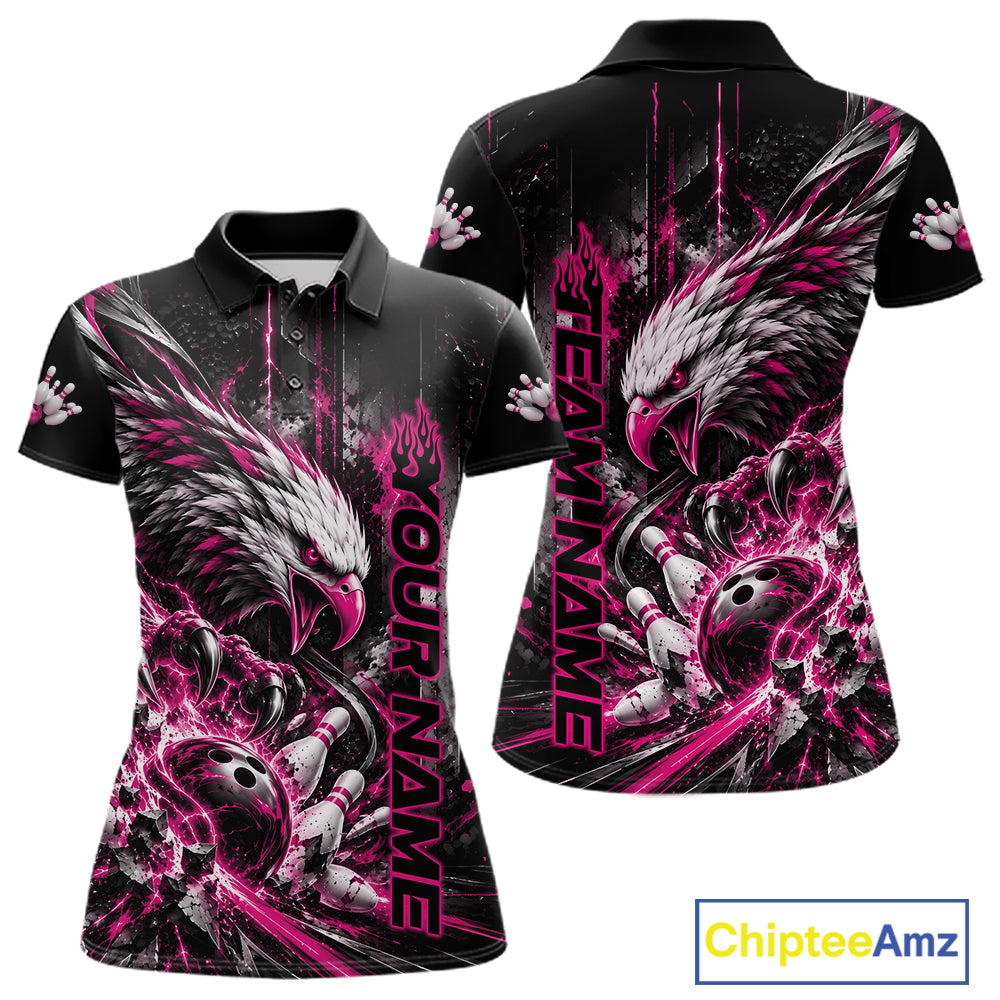 Custom Pink Grunge Eagle Bowling Polo Shirt, Team League Shirt Bowlers Outfit