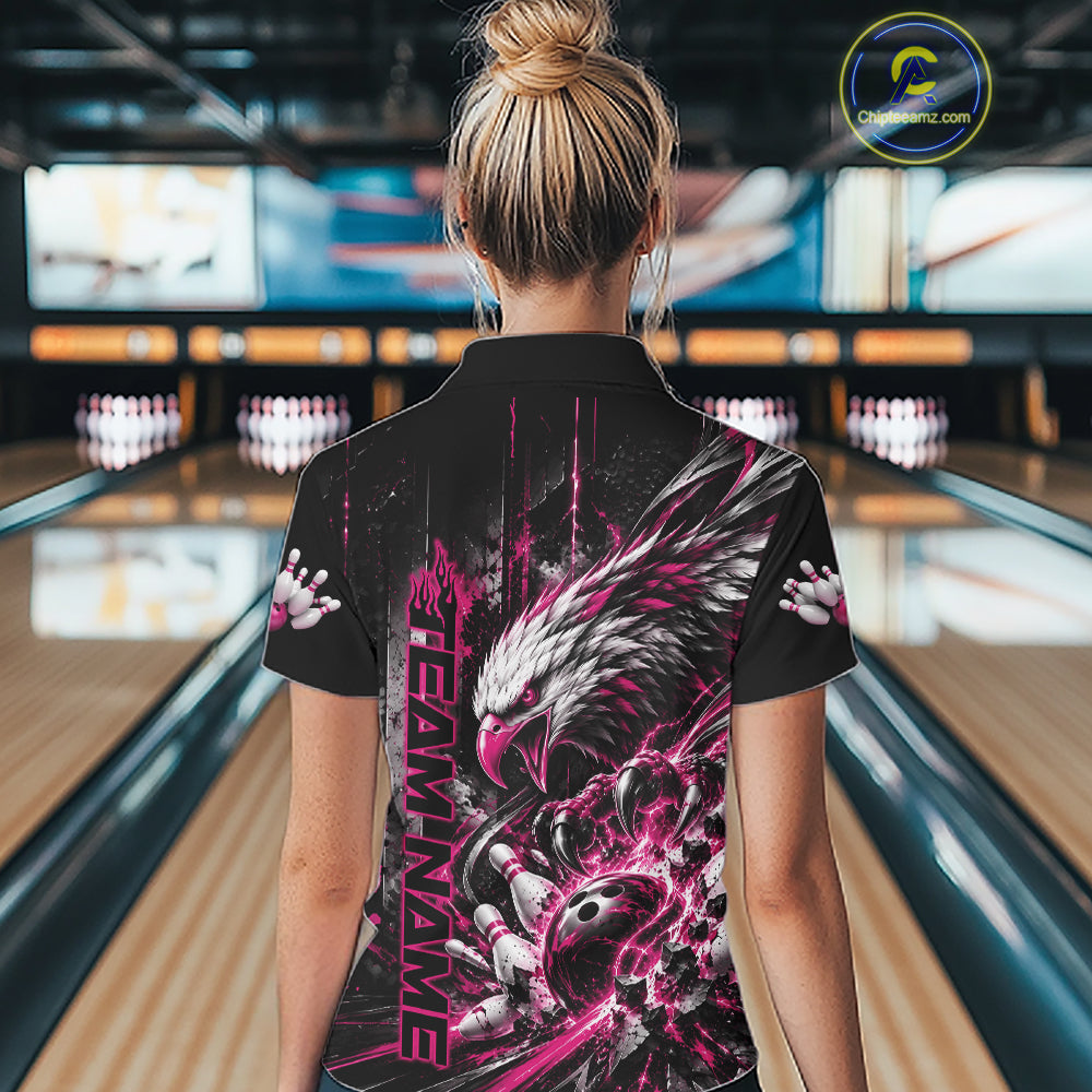 Custom Pink Grunge Eagle Bowling Polo Shirt, Team League Shirt Bowlers Outfit