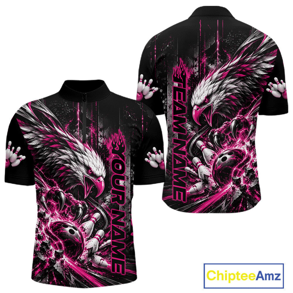 Custom Pink Grunge Eagle Bowling Quarter Zip Shirt, Team League Shirt Bowlers Outfit