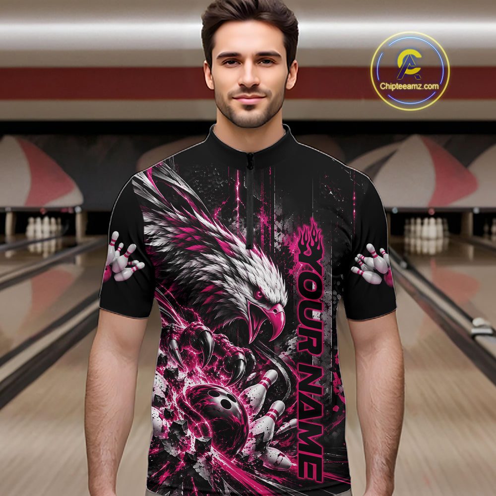 Custom Pink Grunge Eagle Bowling Quarter Zip Shirt, Team League Shirt Bowlers Outfit