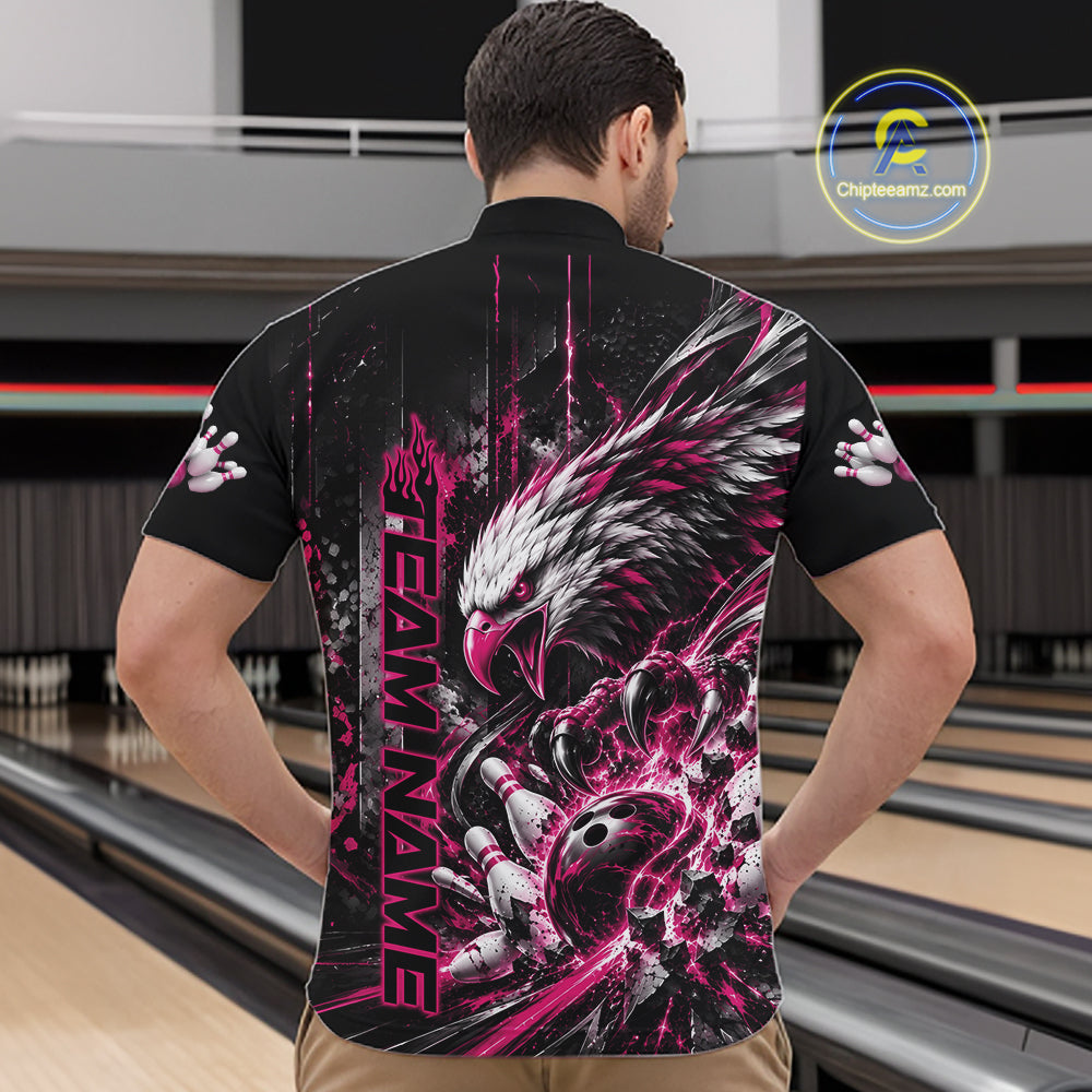 Custom Pink Grunge Eagle Bowling Quarter Zip Shirt, Team League Shirt Bowlers Outfit