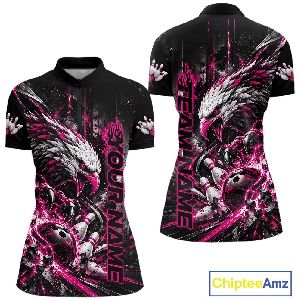 Custom Pink Grunge Eagle Bowling Quarter-Zip Shirt, Team League Shirt Bowlers