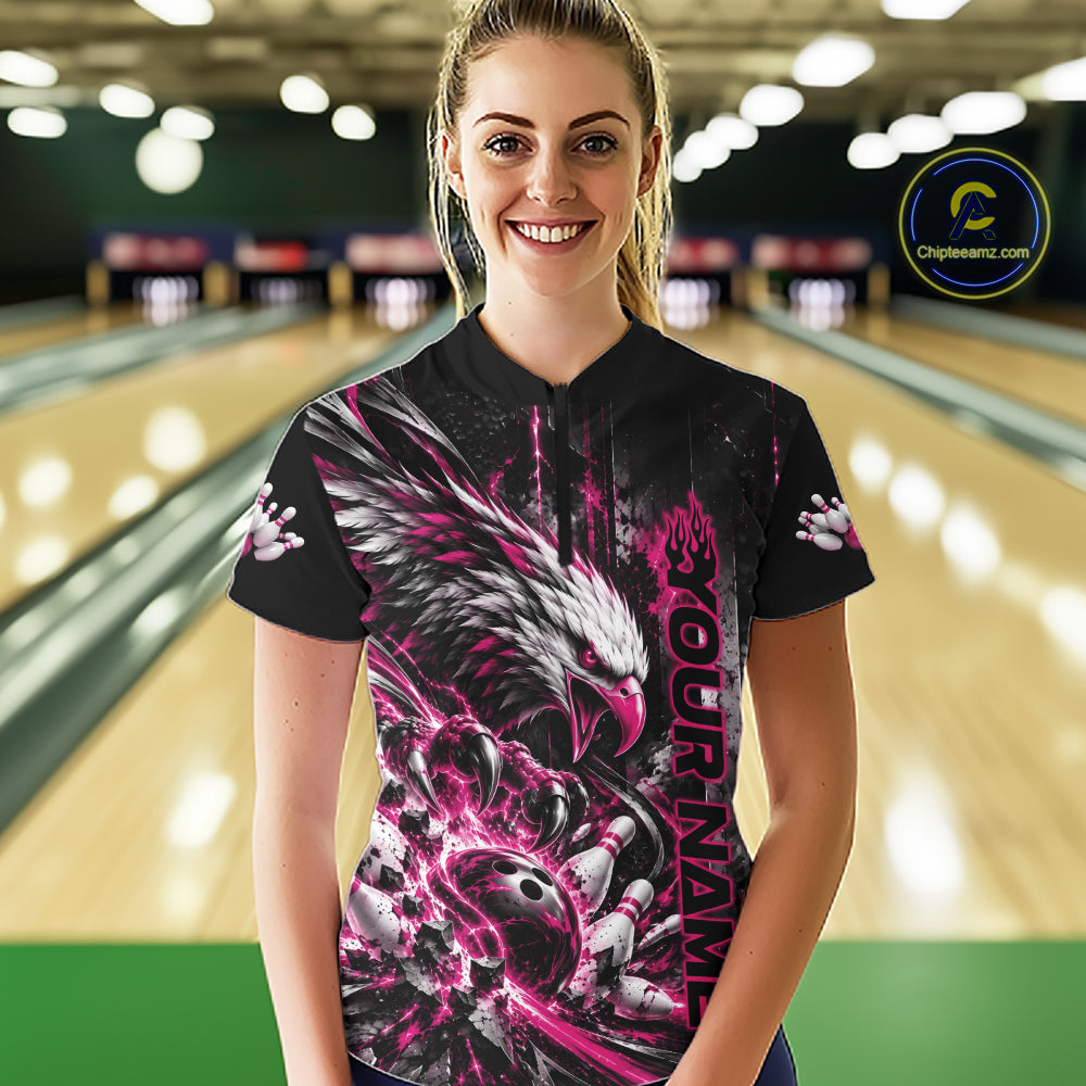 Custom Pink Grunge Eagle Bowling Quarter-Zip Shirt, Team League Shirt Bowlers