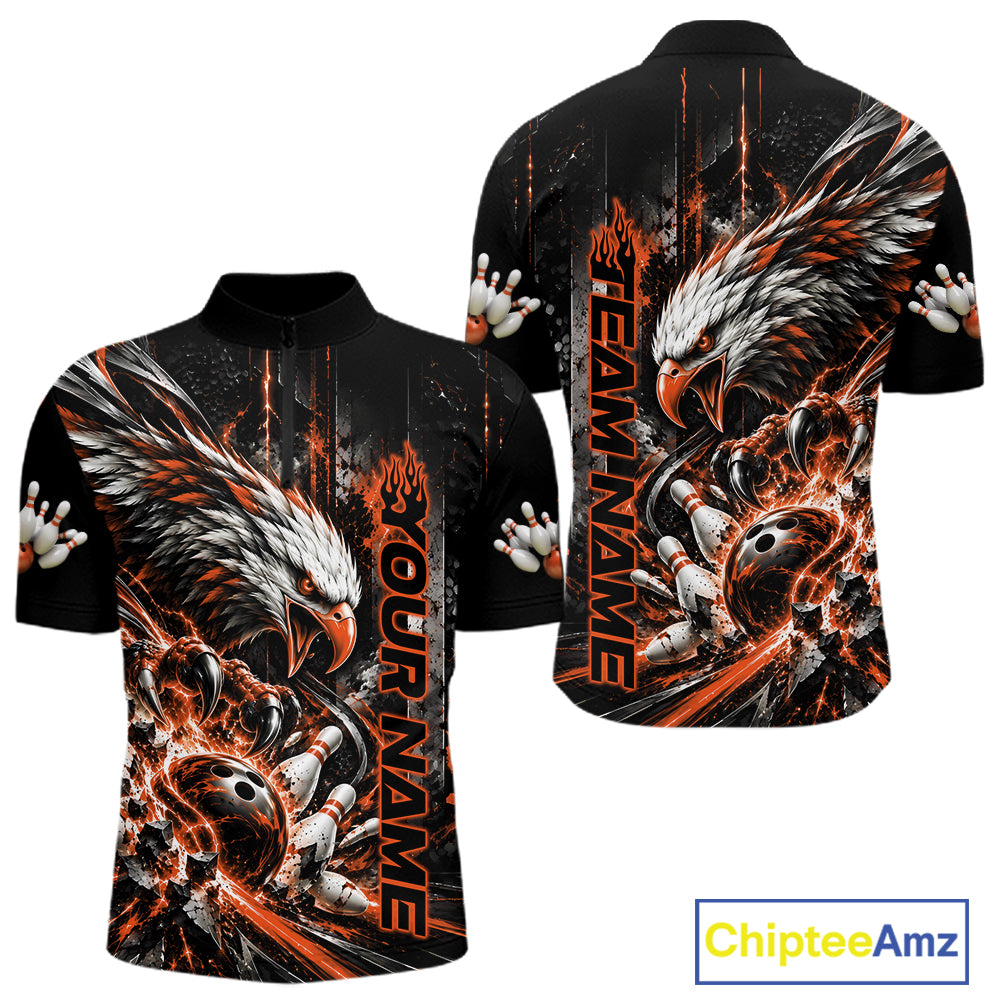 Custom Orange Grunge Eagle Bowling Quarter Zip Shirt, Team League Shirt Bowlers Outfit