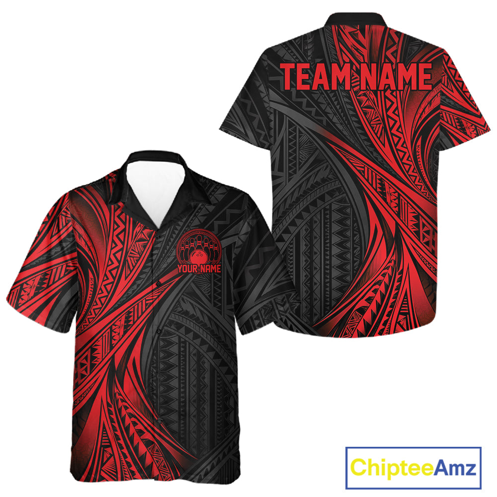 Custom Black And Red Tribal Pattern Bowling Team And Button Up Shirt, Bowling League Shirt