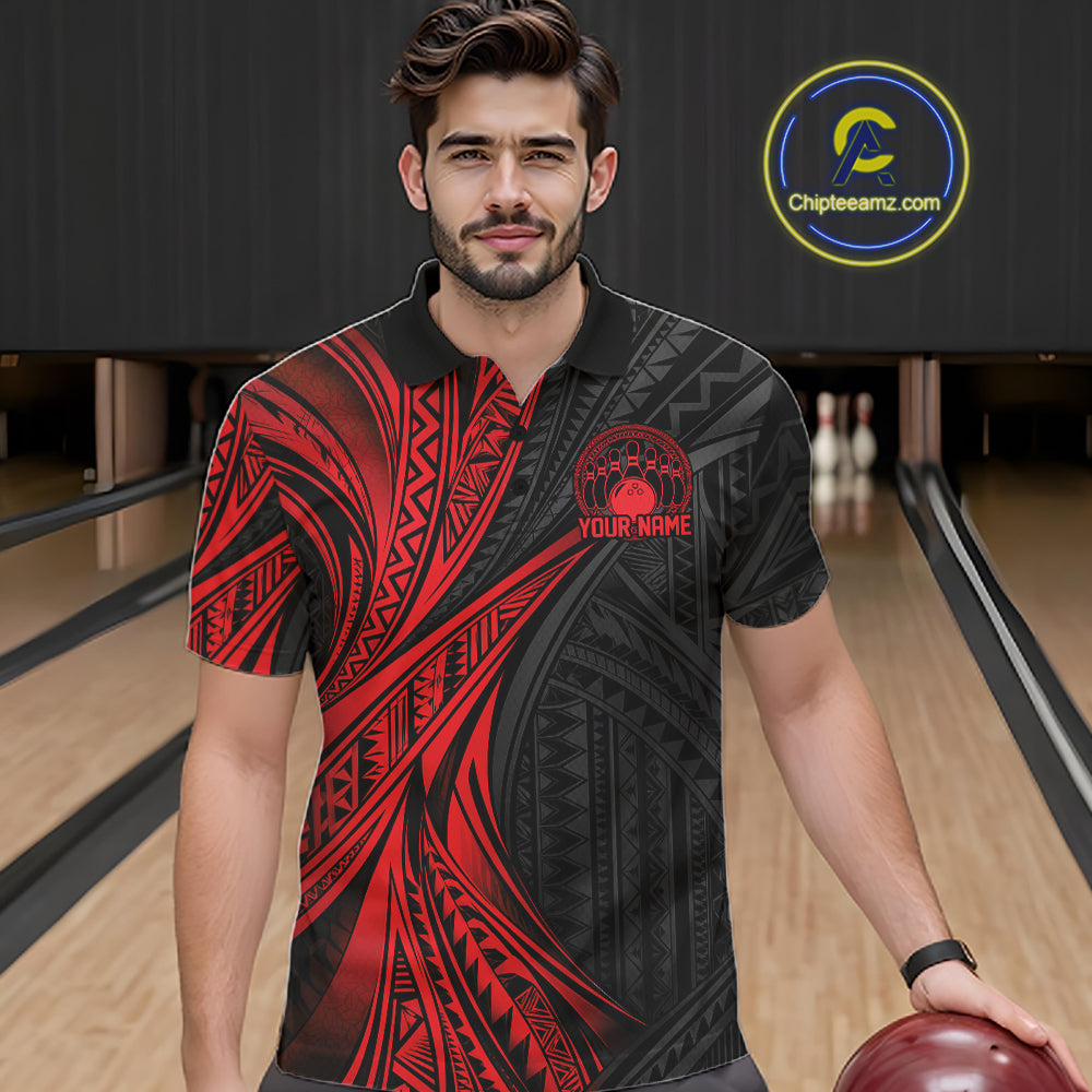 Custom Black And Red Tribal Pattern Bowling Team Polo Shirt, Bowling League Shirt