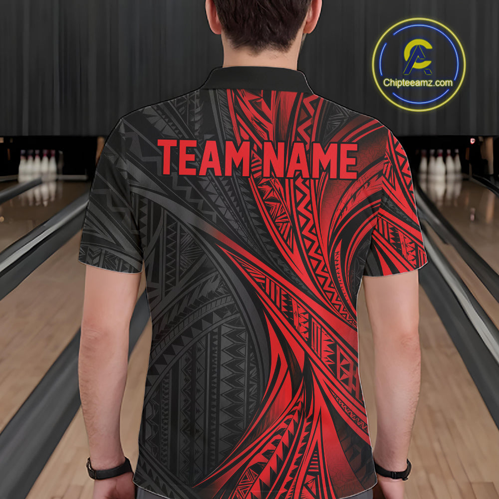 Custom Black And Red Tribal Pattern Bowling Team Polo Shirt, Bowling League Shirt