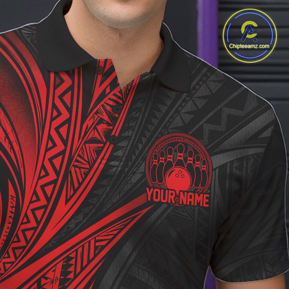 Custom Black And Red Tribal Pattern Bowling Team Polo Shirt, Bowling League Shirt