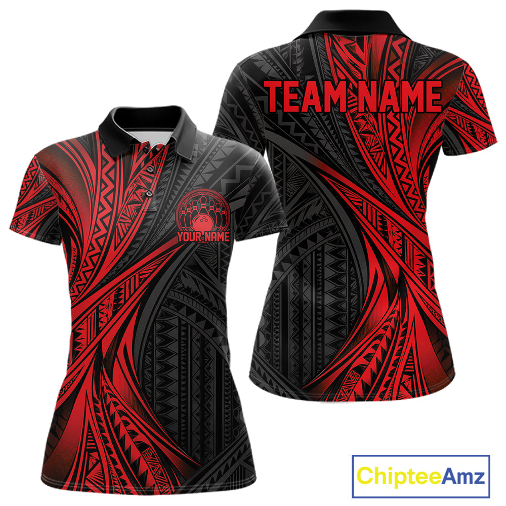 Custom Black And Red Tribal Pattern Bowling Team Polo Shirt, Bowling League Shirt